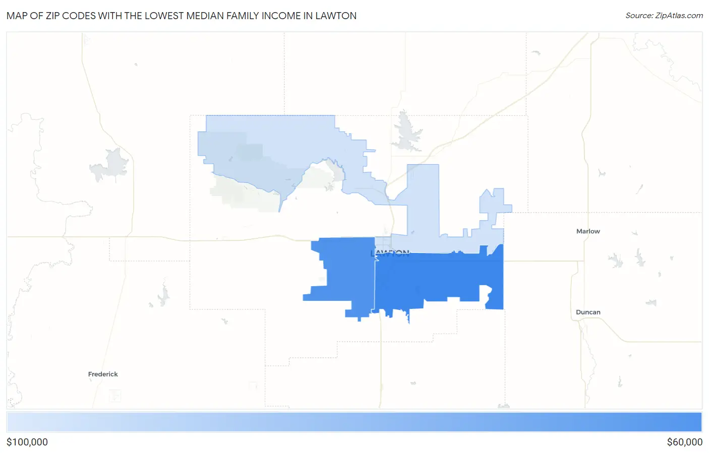 Zip Codes with the Lowest Median Family Income in Lawton Map