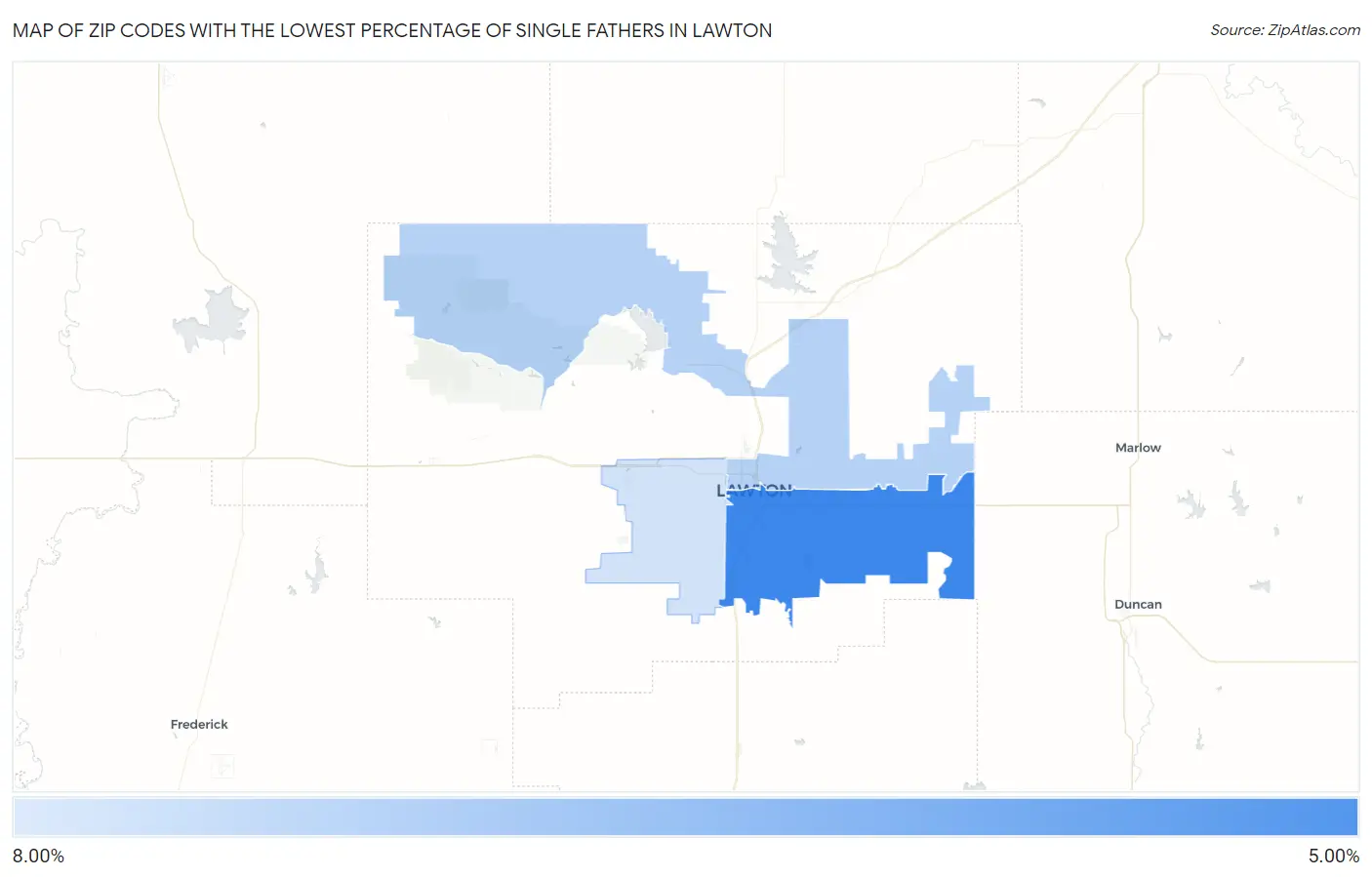 Zip Codes with the Lowest Percentage of Single Fathers in Lawton Map