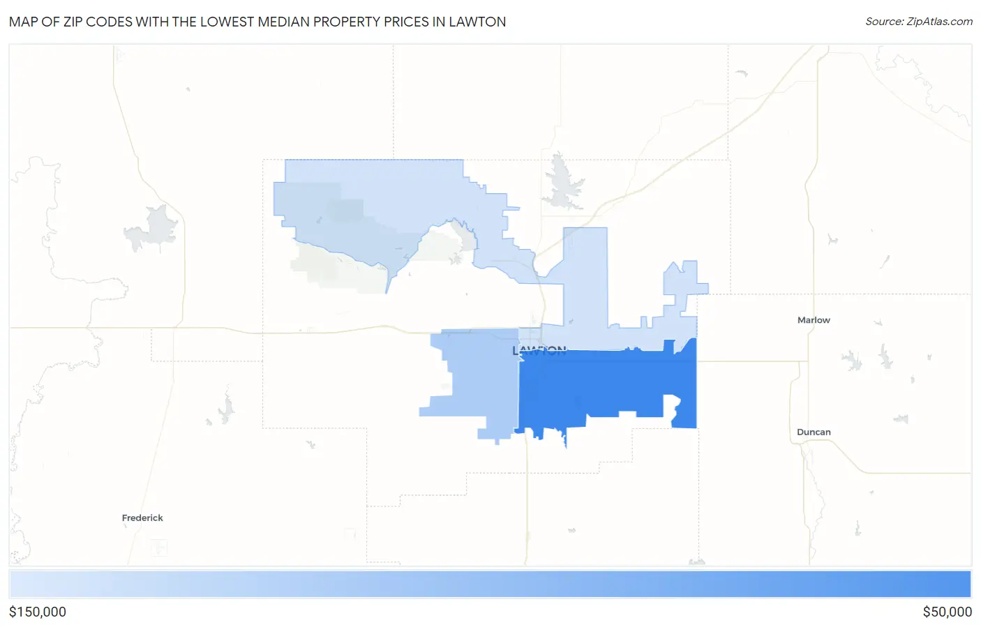 Zip Codes with the Lowest Median Property Prices in Lawton Map