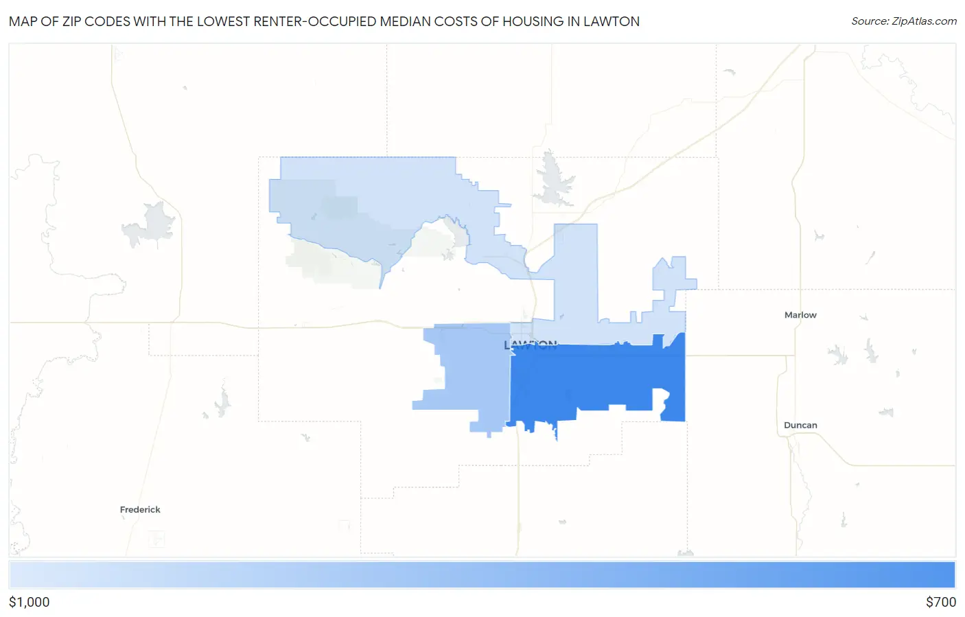 Zip Codes with the Lowest Renter-Occupied Median Costs of Housing in Lawton Map