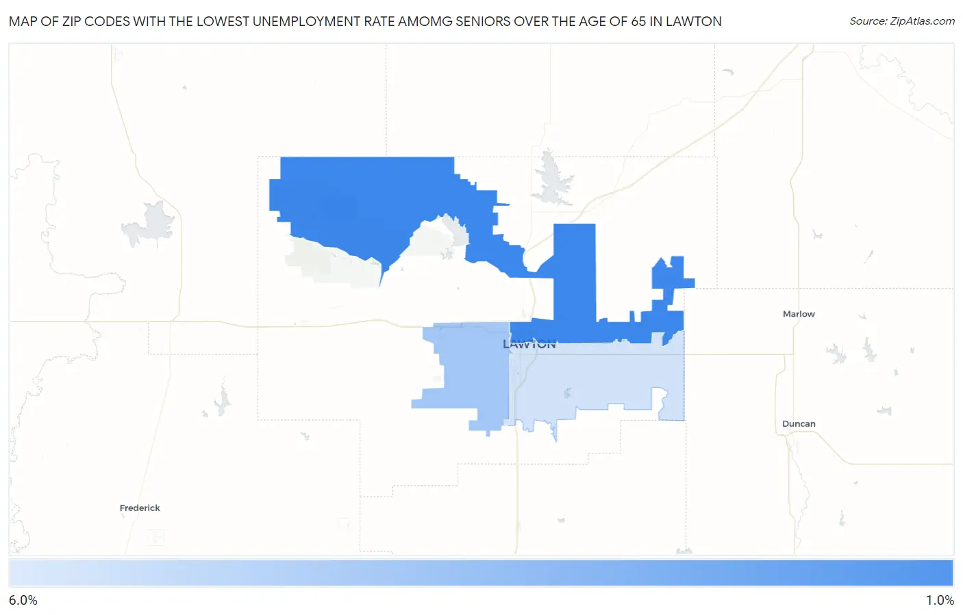 Zip Codes with the Lowest Unemployment Rate Amomg Seniors Over the Age of 65 in Lawton Map