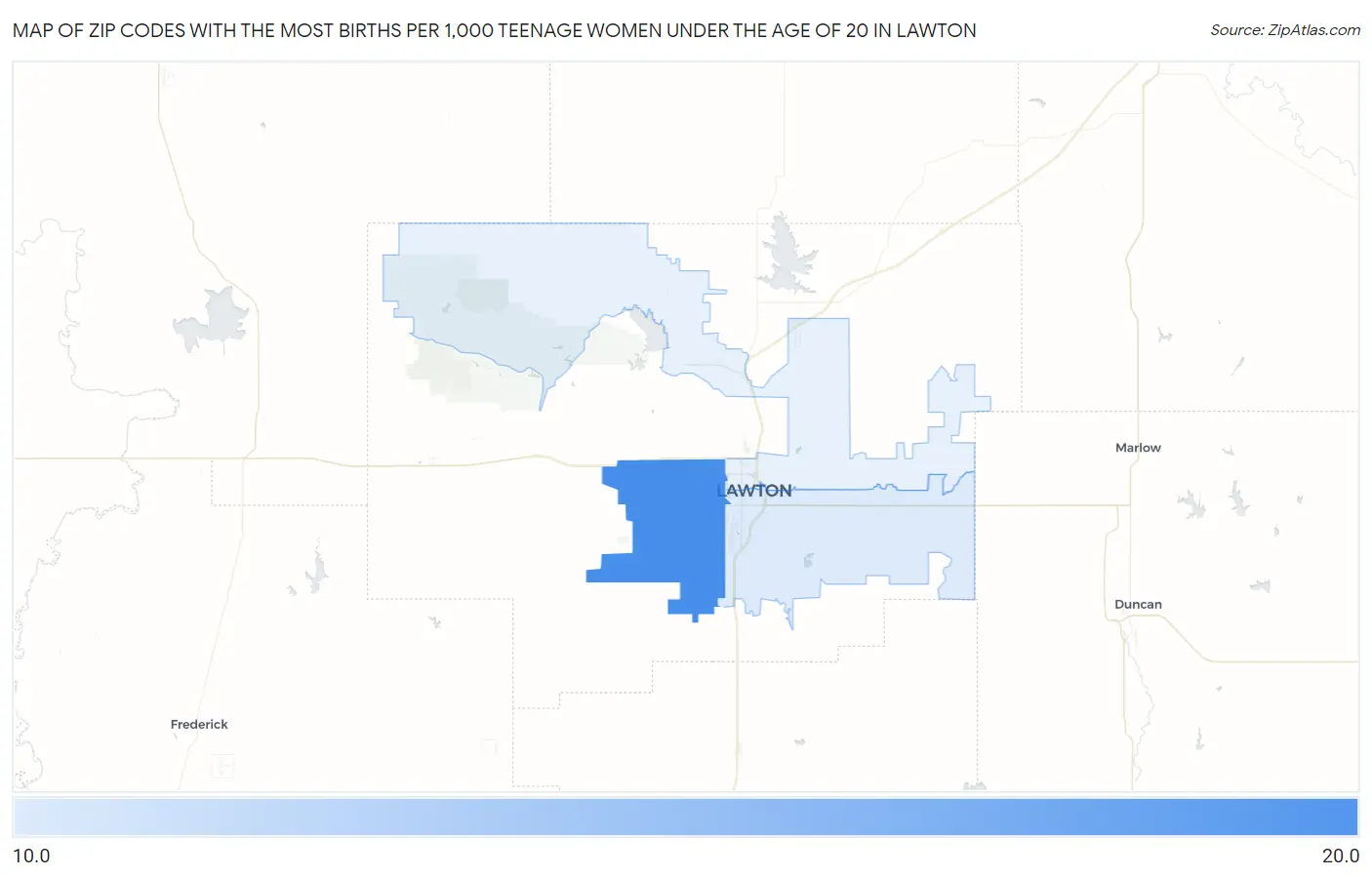 Zip Codes with the Most Births per 1,000 Teenage Women Under the Age of 20 in Lawton Map