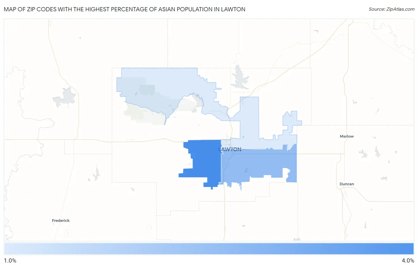 Zip Codes with the Highest Percentage of Asian Population in Lawton Map