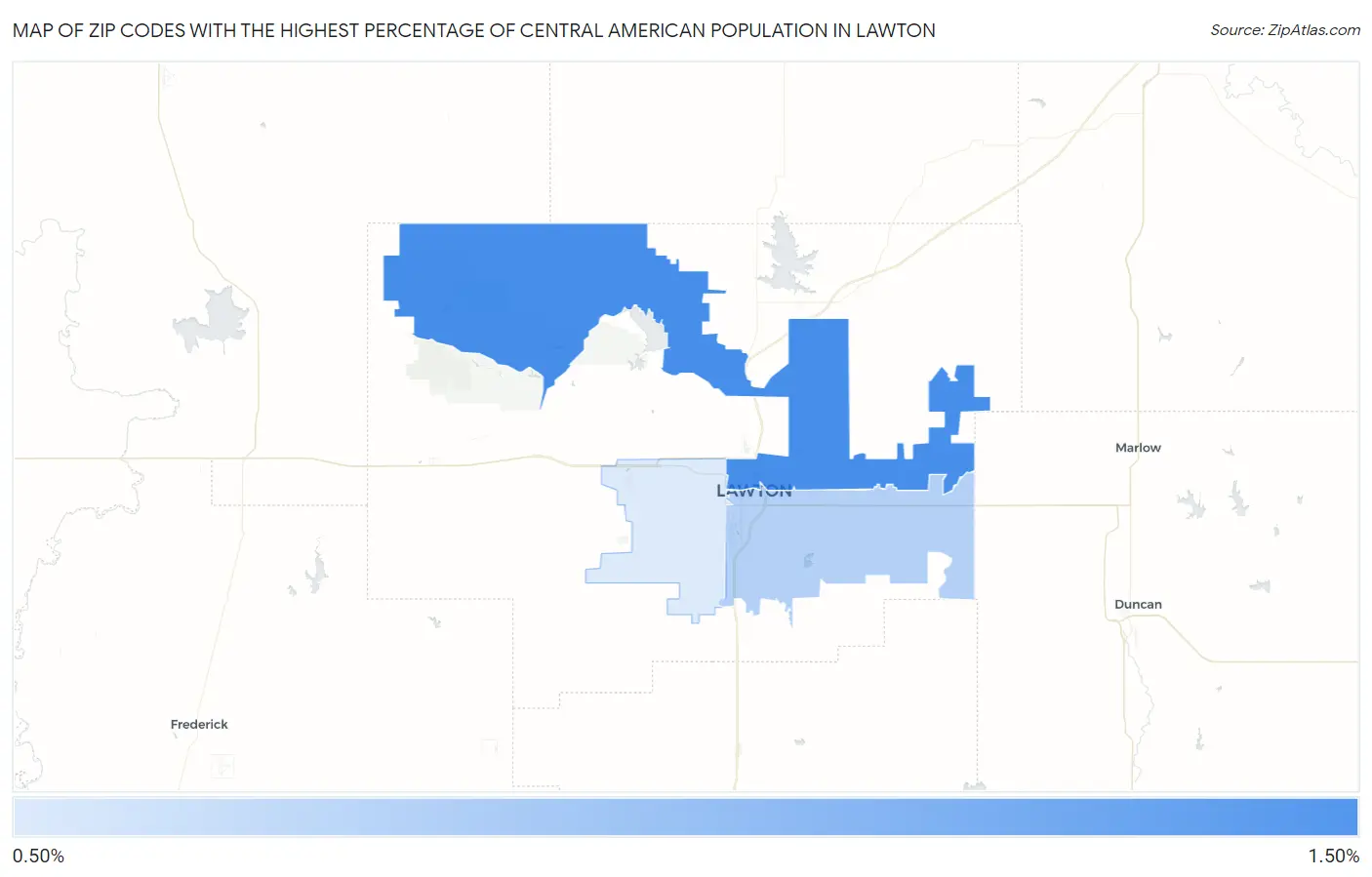 Zip Codes with the Highest Percentage of Central American Population in Lawton Map