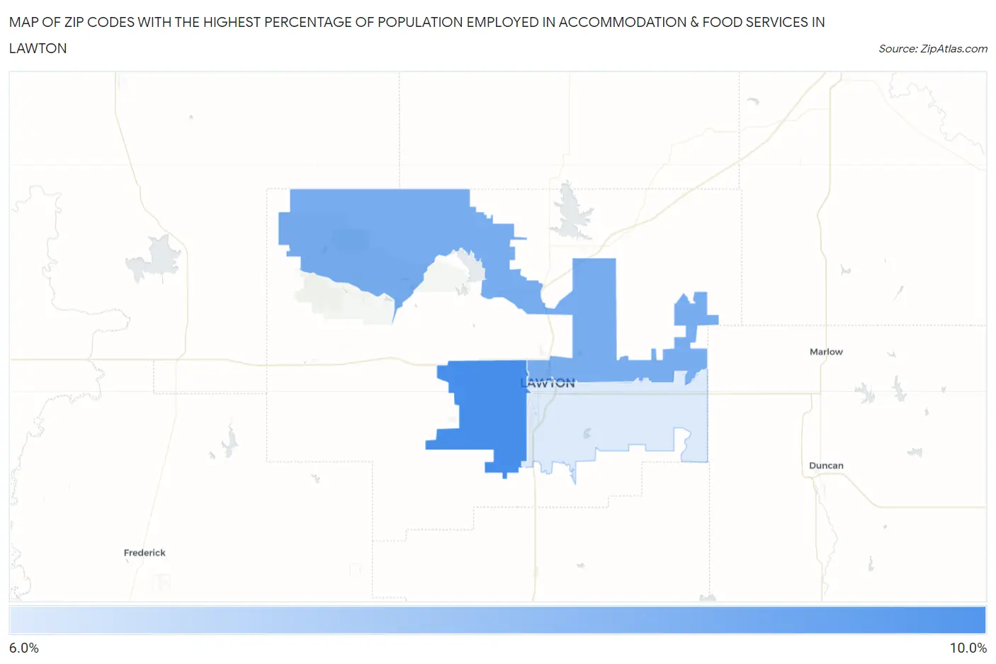 Zip Codes with the Highest Percentage of Population Employed in Accommodation & Food Services in Lawton Map