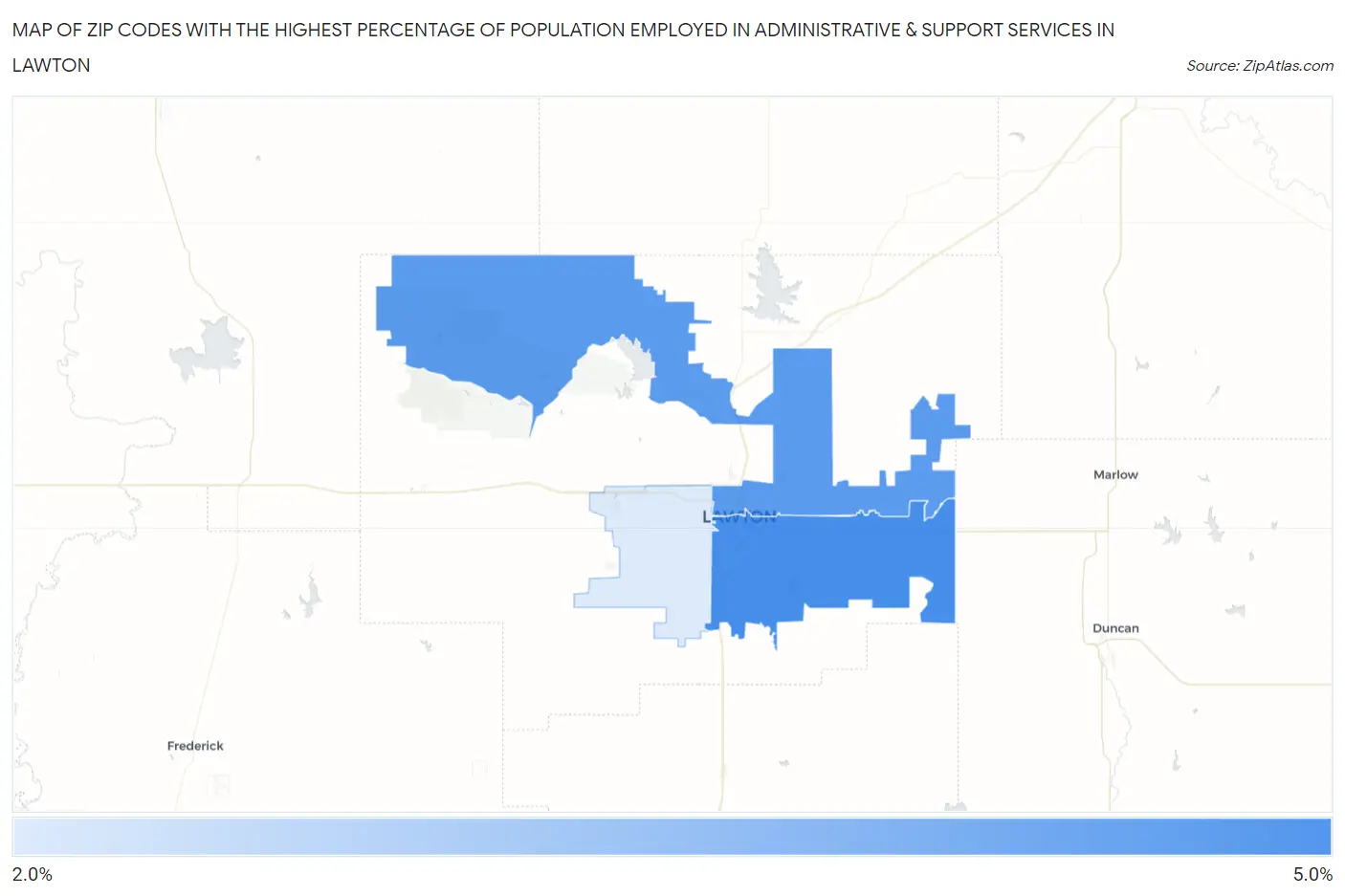 Zip Codes with the Highest Percentage of Population Employed in Administrative & Support Services in Lawton Map