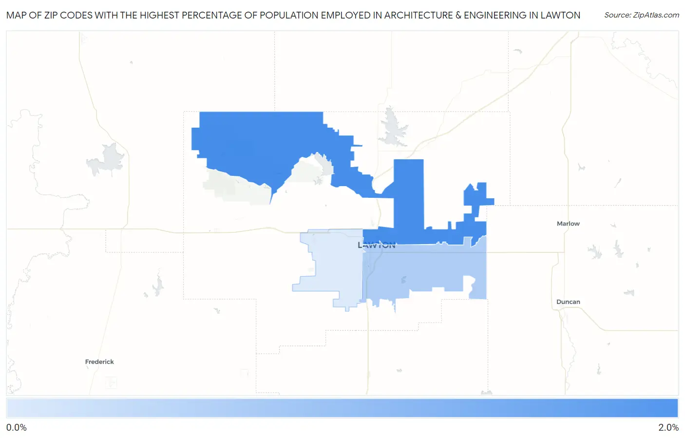 Zip Codes with the Highest Percentage of Population Employed in Architecture & Engineering in Lawton Map