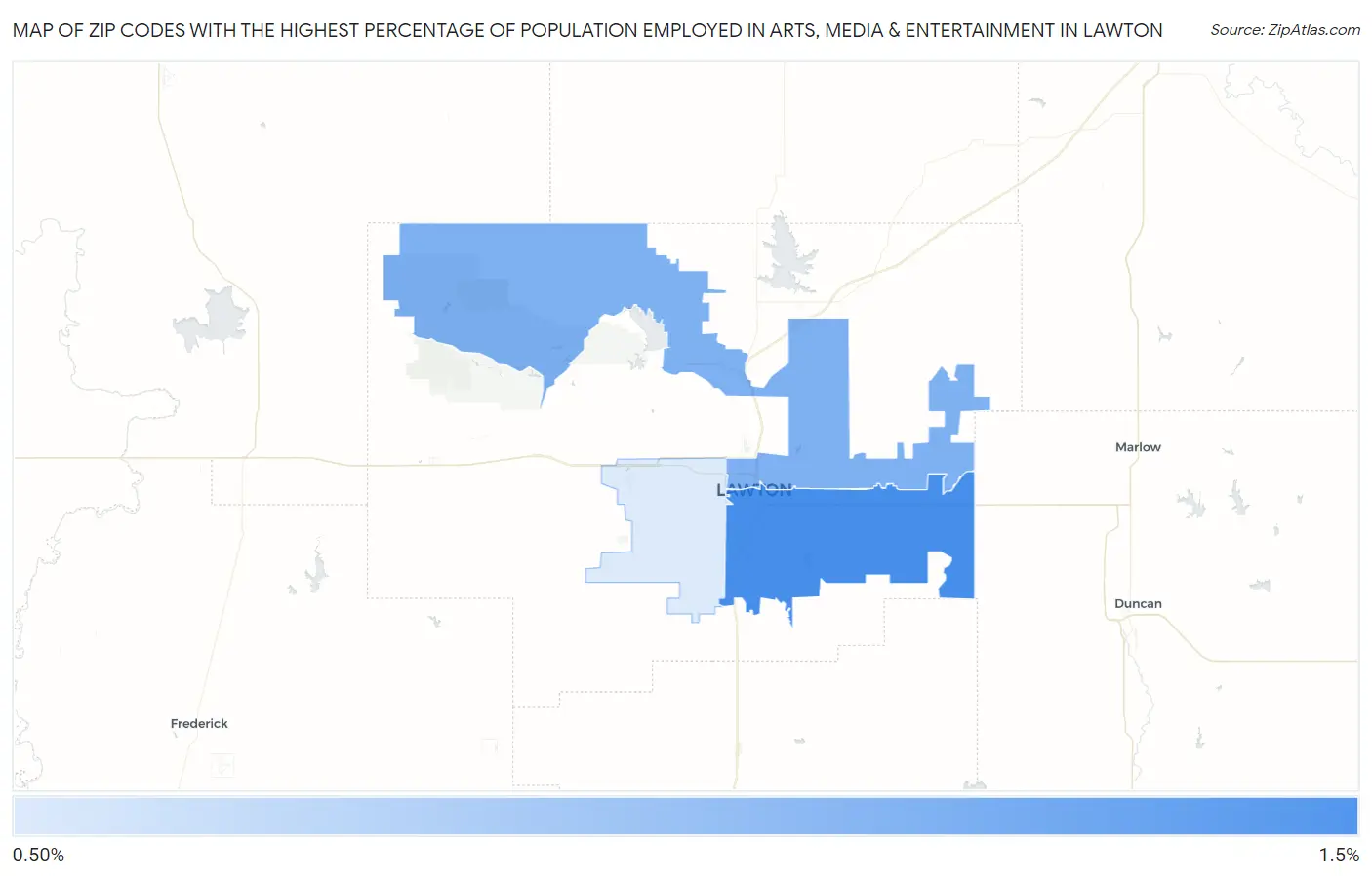 Zip Codes with the Highest Percentage of Population Employed in Arts, Media & Entertainment in Lawton Map