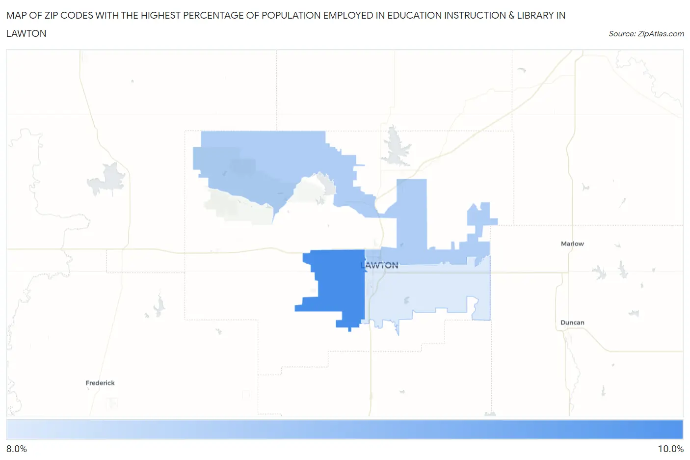 Zip Codes with the Highest Percentage of Population Employed in Education Instruction & Library in Lawton Map