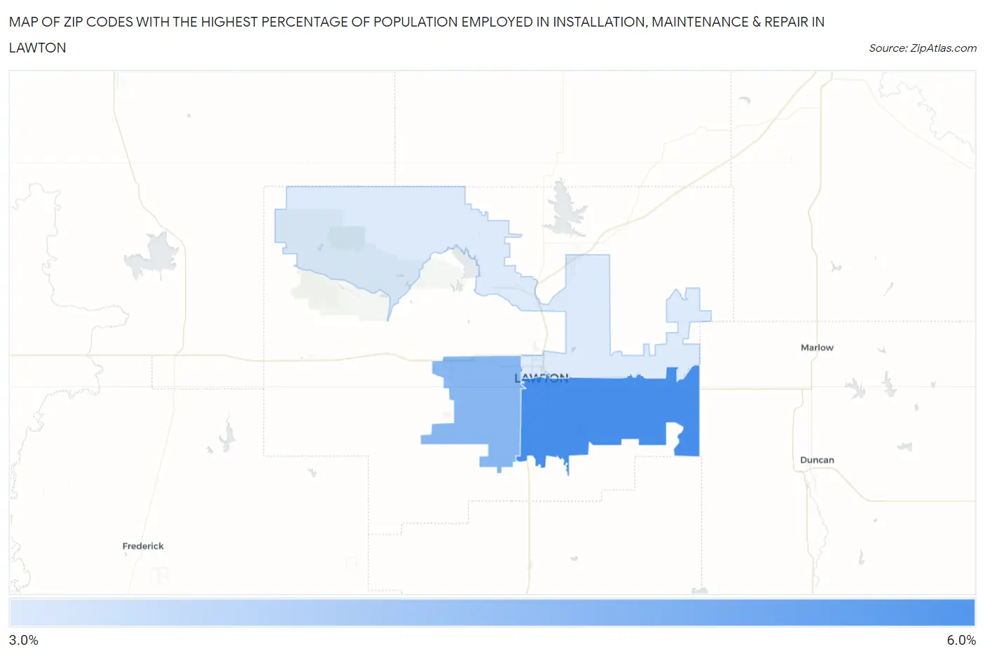 Zip Codes with the Highest Percentage of Population Employed in Installation, Maintenance & Repair in Lawton Map