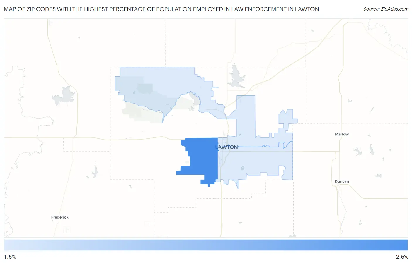 Zip Codes with the Highest Percentage of Population Employed in Law Enforcement in Lawton Map