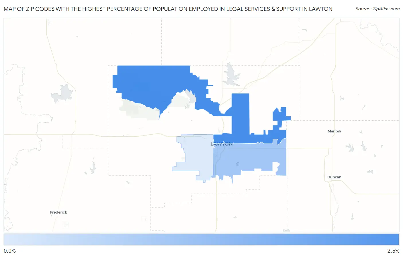 Zip Codes with the Highest Percentage of Population Employed in Legal Services & Support in Lawton Map