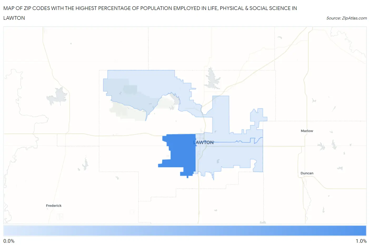 Zip Codes with the Highest Percentage of Population Employed in Life, Physical & Social Science in Lawton Map