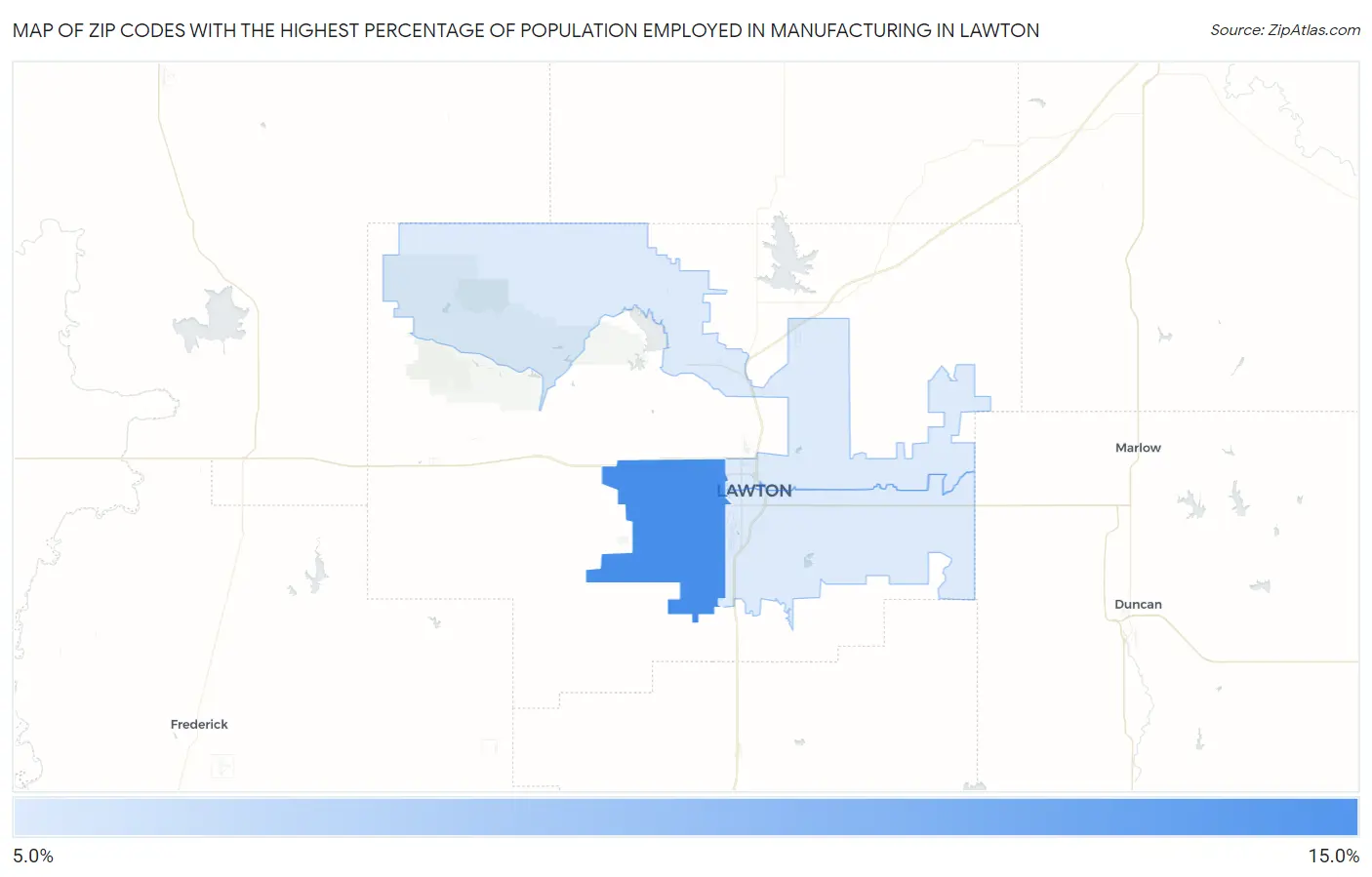 Zip Codes with the Highest Percentage of Population Employed in Manufacturing in Lawton Map