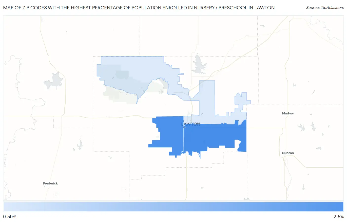 Zip Codes with the Highest Percentage of Population Enrolled in Nursery / Preschool in Lawton Map