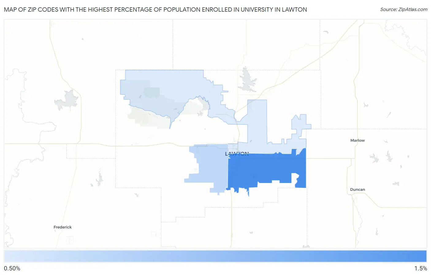 Zip Codes with the Highest Percentage of Population Enrolled in University in Lawton Map