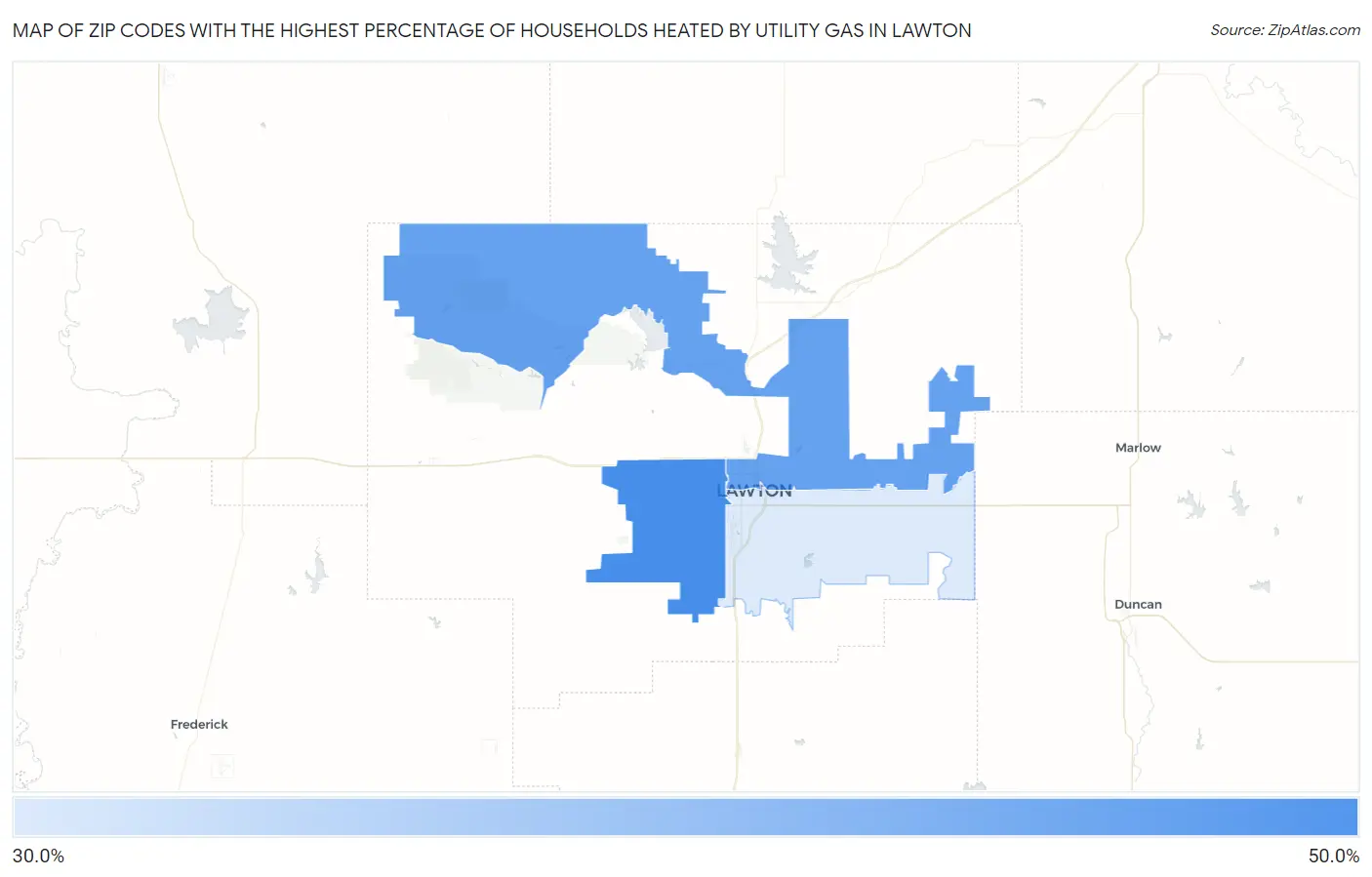 Zip Codes with the Highest Percentage of Households Heated by Utility Gas in Lawton Map