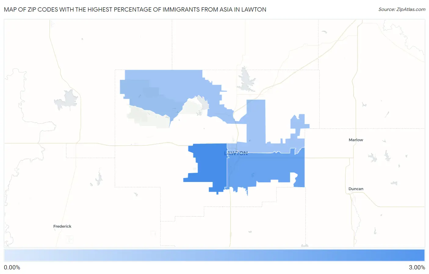 Zip Codes with the Highest Percentage of Immigrants from Asia in Lawton Map