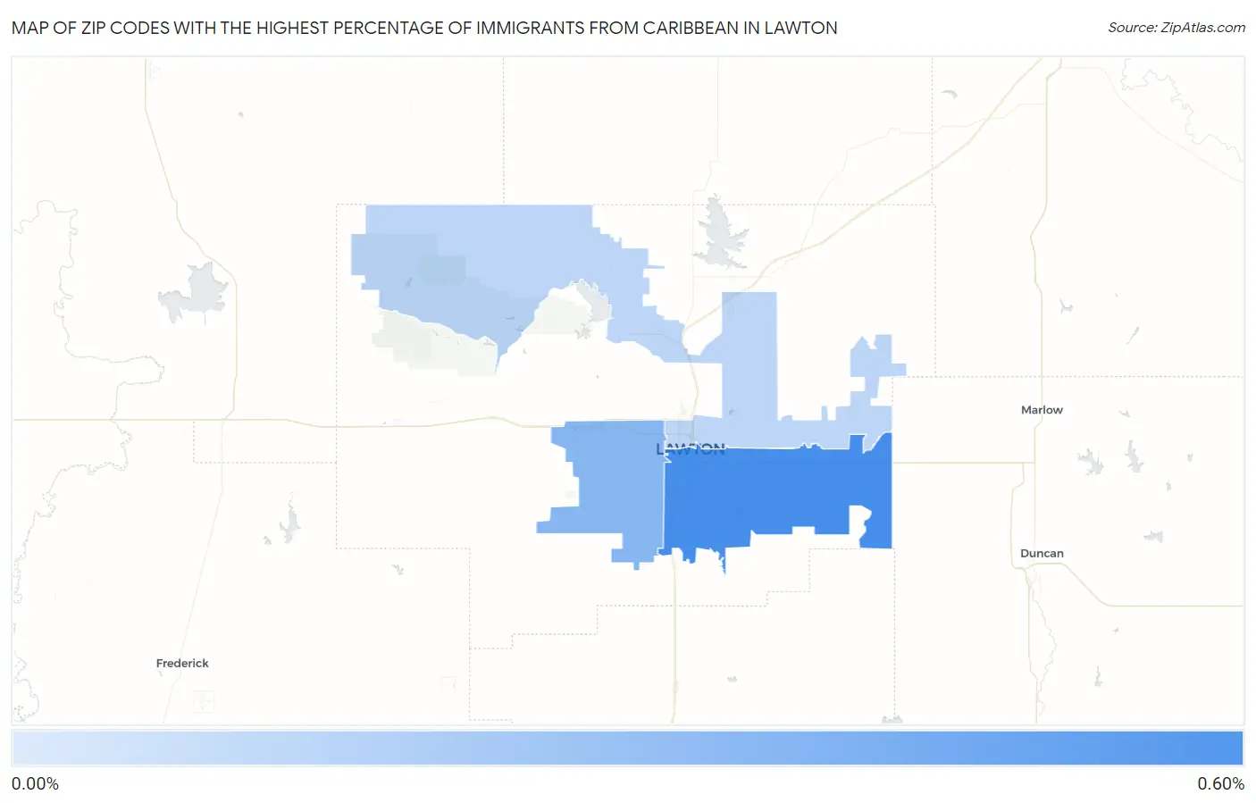 Zip Codes with the Highest Percentage of Immigrants from Caribbean in Lawton Map
