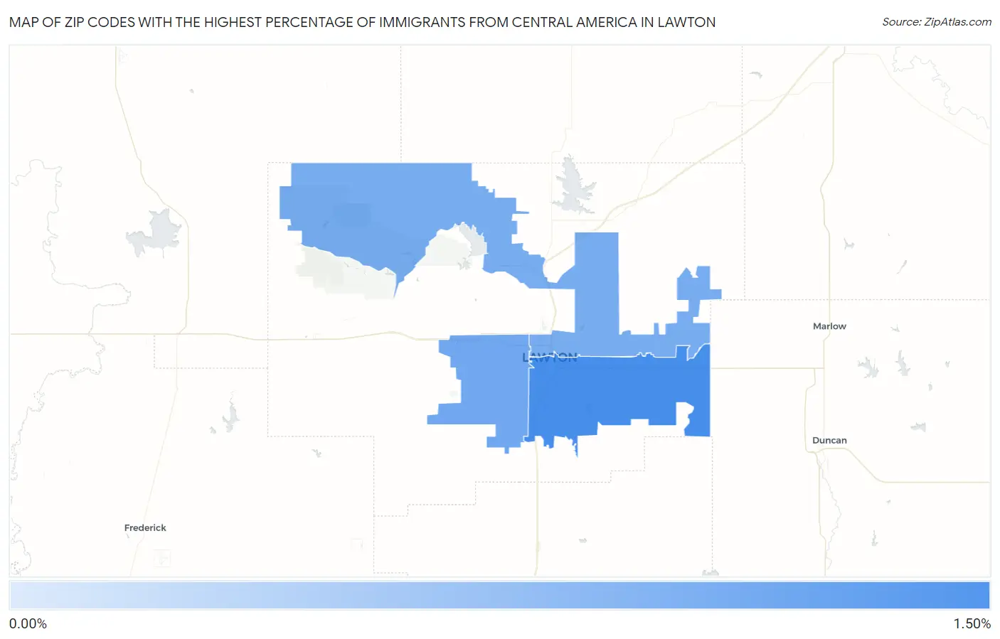 Zip Codes with the Highest Percentage of Immigrants from Central America in Lawton Map