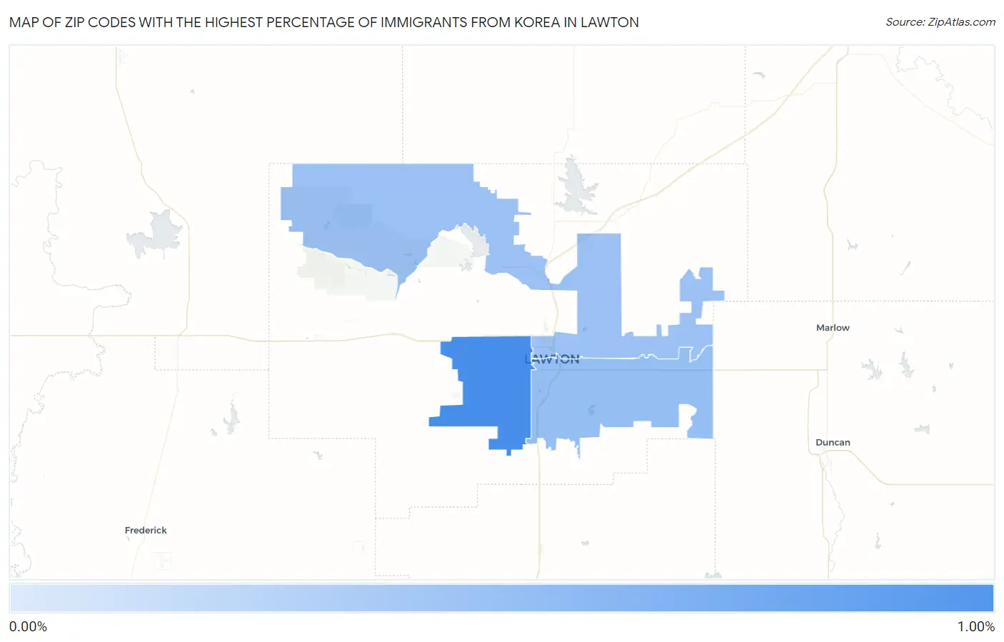 Zip Codes with the Highest Percentage of Immigrants from Korea in Lawton Map