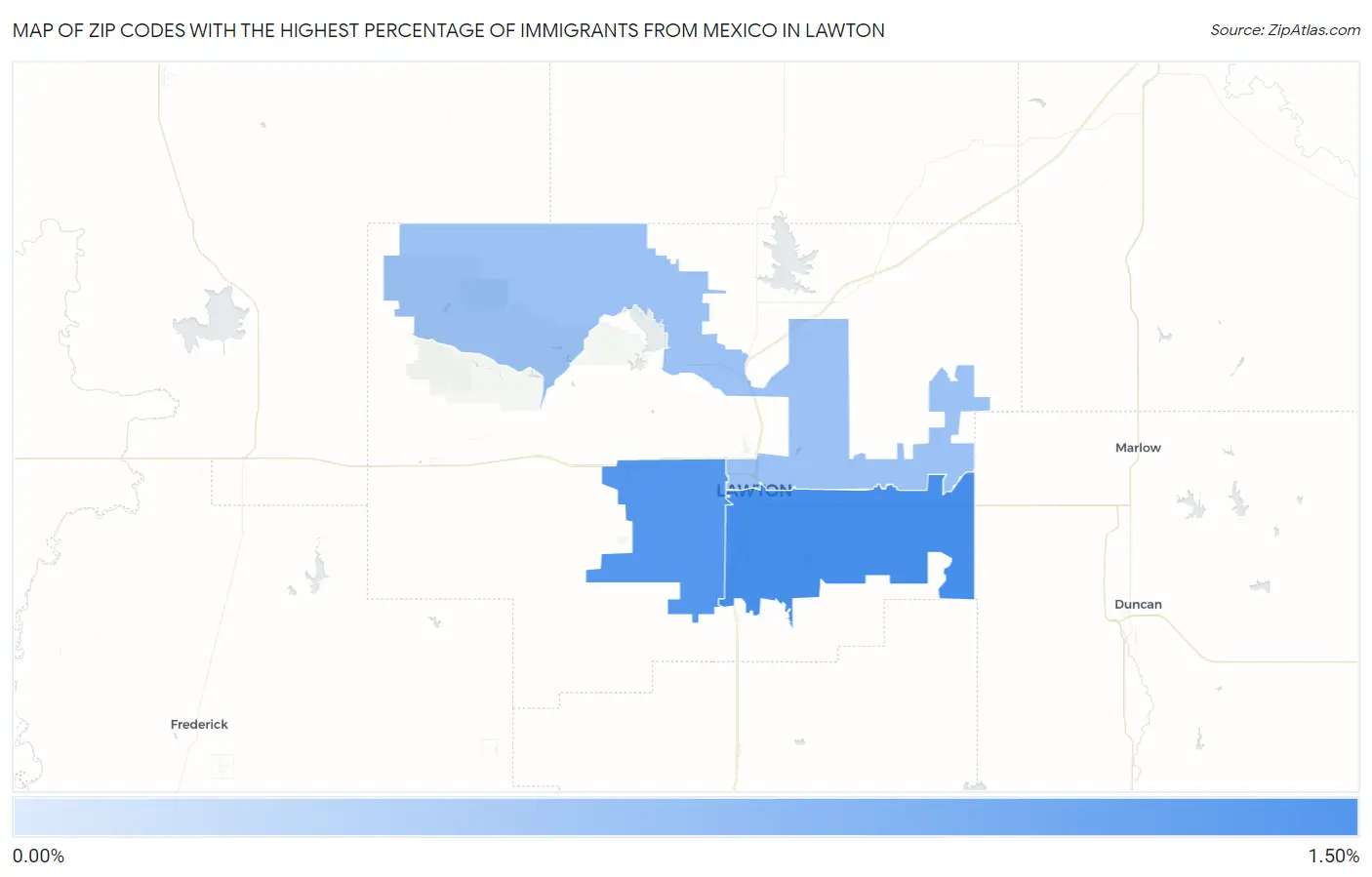 Zip Codes with the Highest Percentage of Immigrants from Mexico in Lawton Map