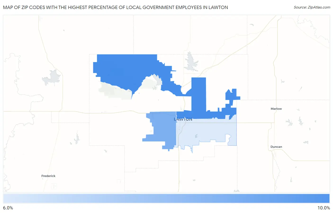 Zip Codes with the Highest Percentage of Local Government Employees in Lawton Map