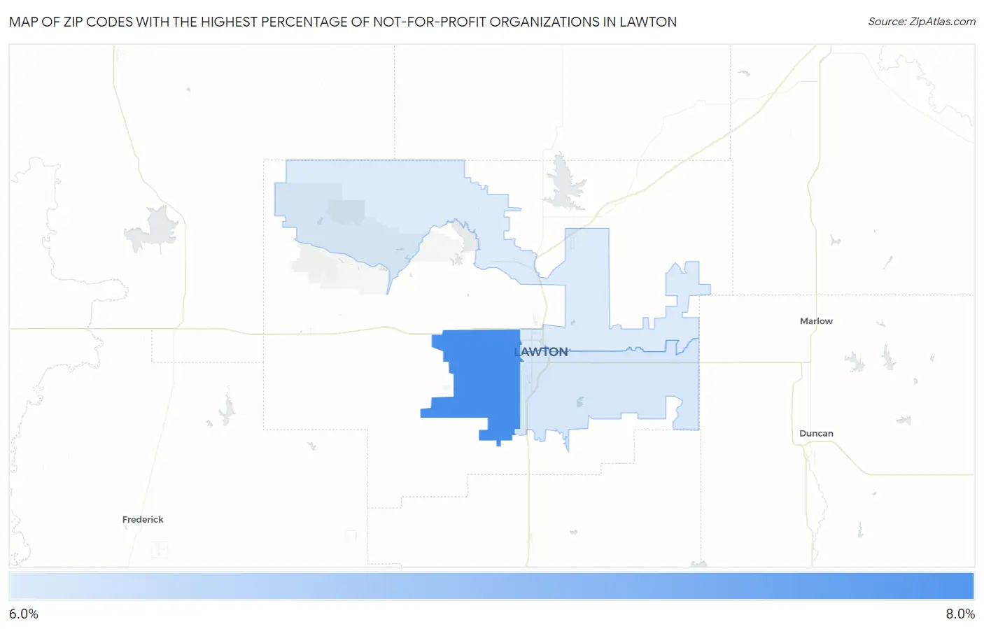 Zip Codes with the Highest Percentage of Not-for-profit Organizations in Lawton Map