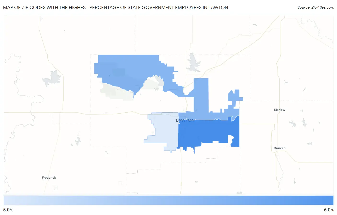 Zip Codes with the Highest Percentage of State Government Employees in Lawton Map