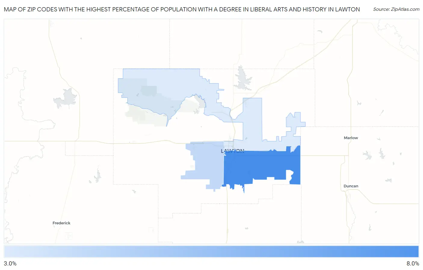 Zip Codes with the Highest Percentage of Population with a Degree in Liberal Arts and History in Lawton Map
