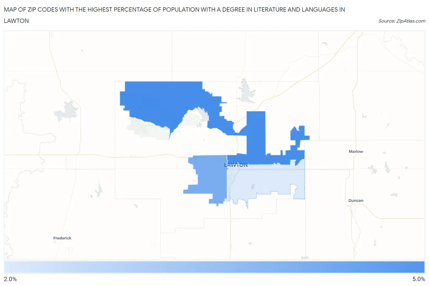 Zip Codes with the Highest Percentage of Population with a Degree in Literature and Languages in Lawton Map