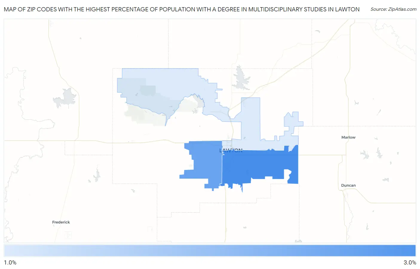 Zip Codes with the Highest Percentage of Population with a Degree in Multidisciplinary Studies in Lawton Map