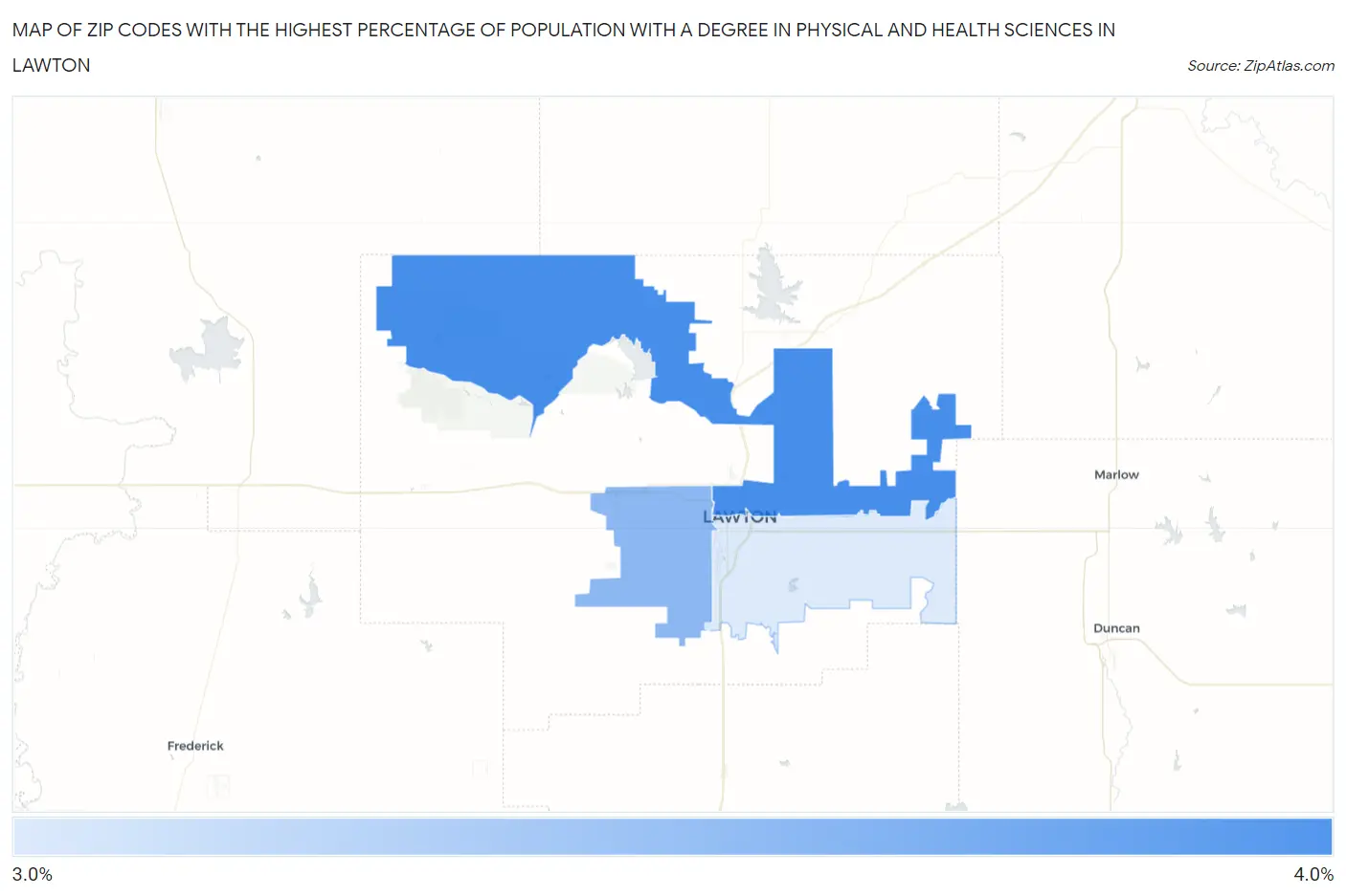 Zip Codes with the Highest Percentage of Population with a Degree in Physical and Health Sciences in Lawton Map