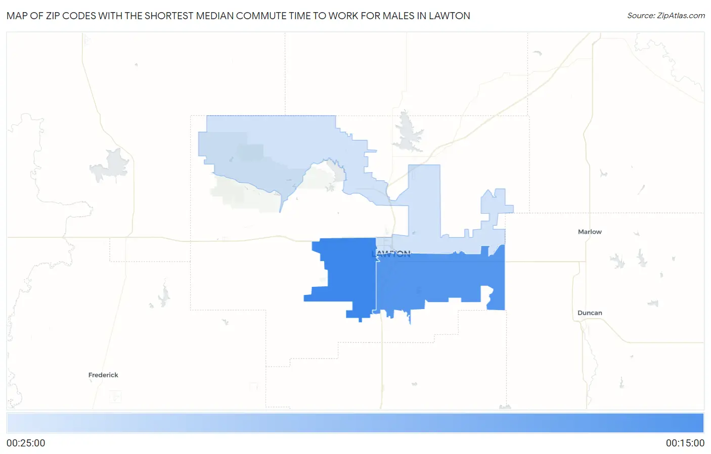 Zip Codes with the Shortest Median Commute Time to Work for Males in Lawton Map