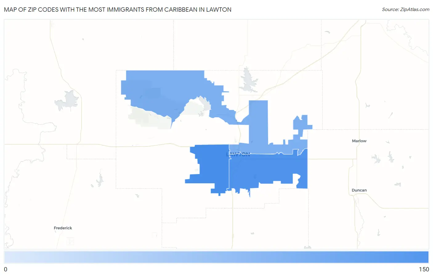 Zip Codes with the Most Immigrants from Caribbean in Lawton Map