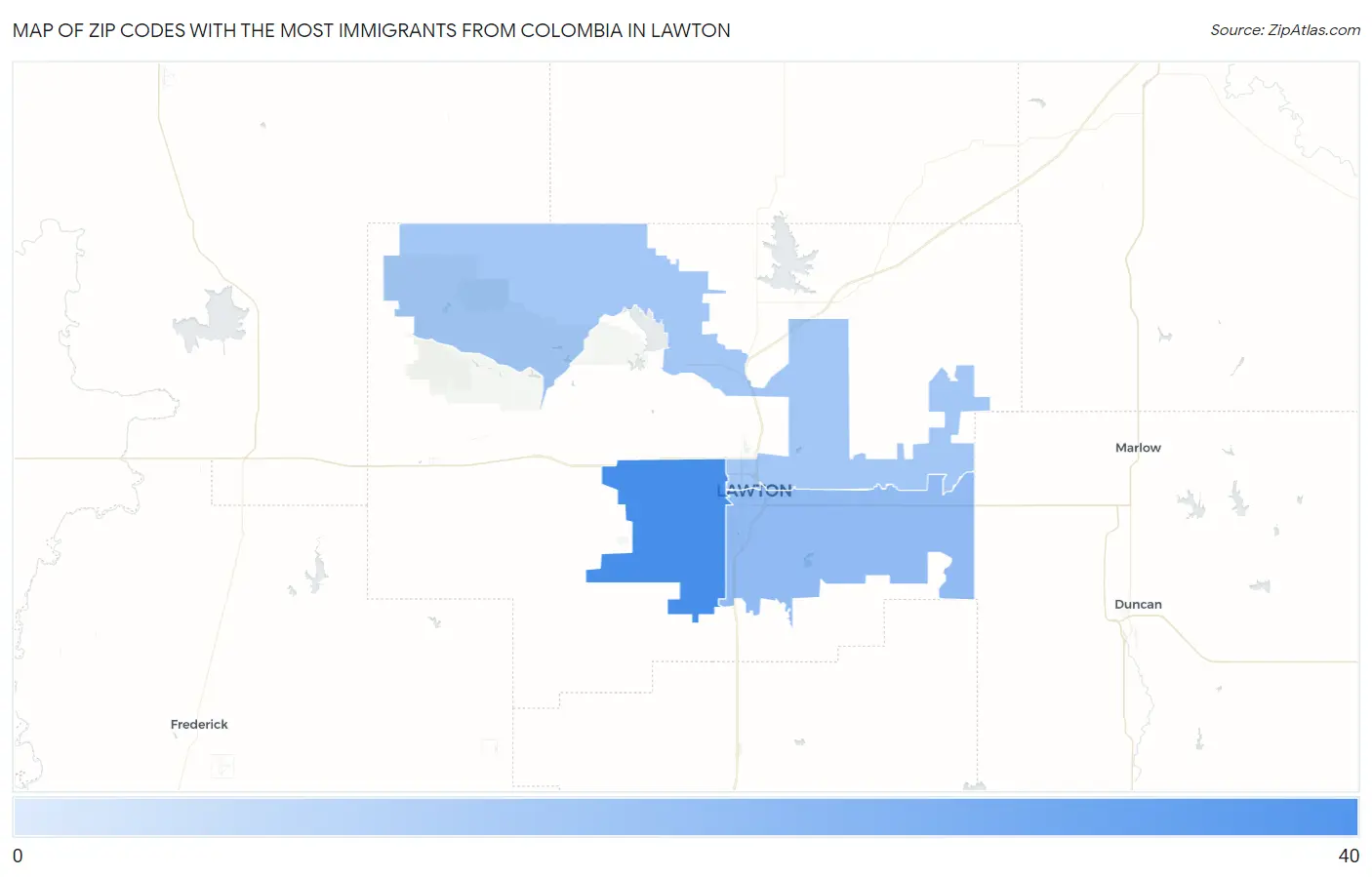 Zip Codes with the Most Immigrants from Colombia in Lawton Map
