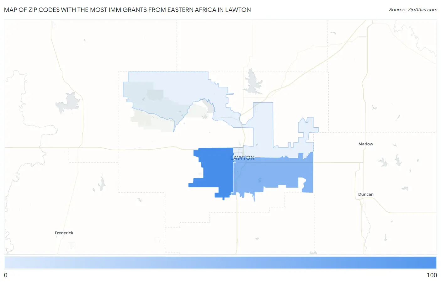 Zip Codes with the Most Immigrants from Eastern Africa in Lawton Map