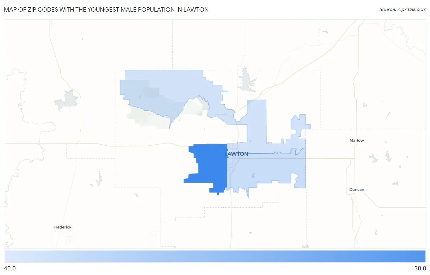 Zip Codes with the Youngest Male Population in Lawton Map