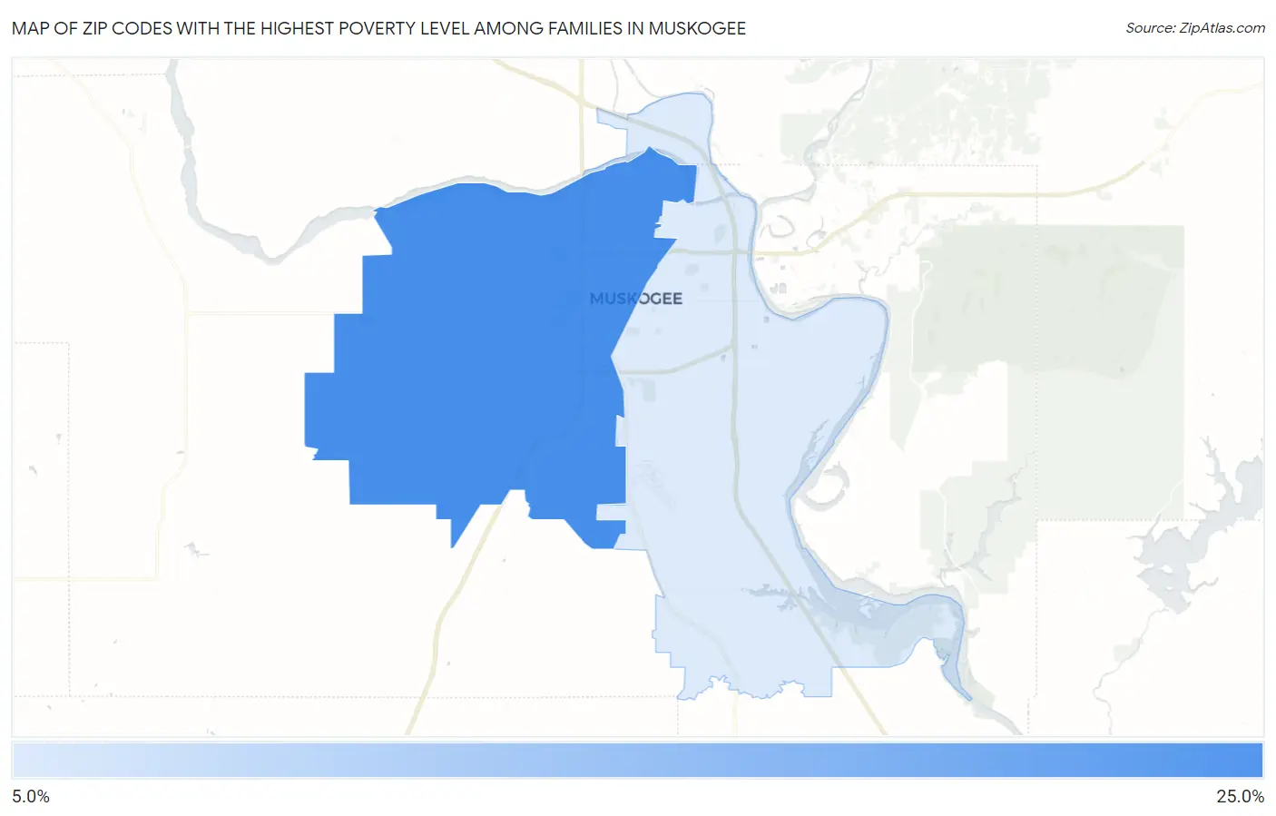 Zip Codes with the Highest Poverty Level Among Families in Muskogee Map