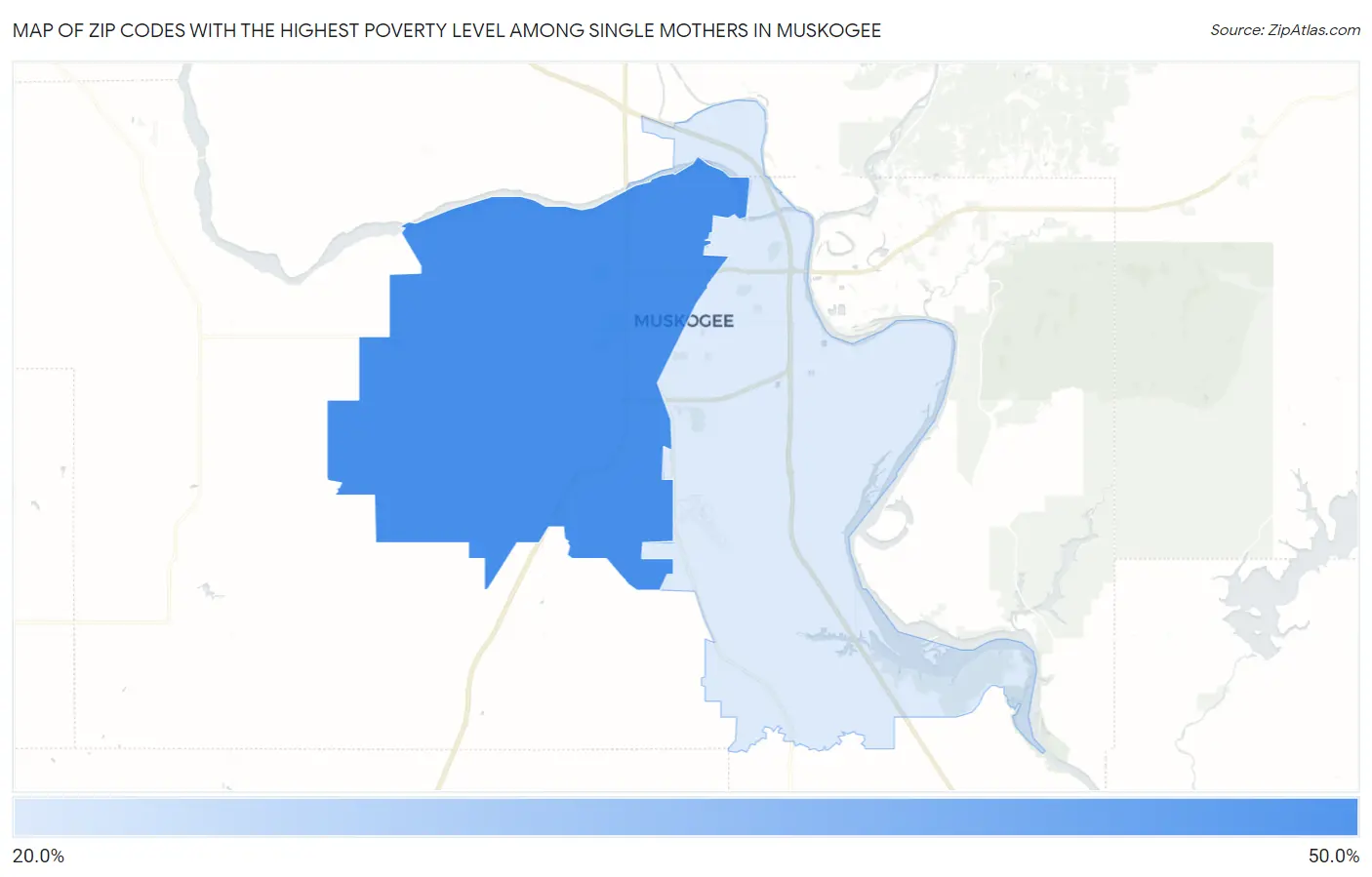 Zip Codes with the Highest Poverty Level Among Single Mothers in Muskogee Map