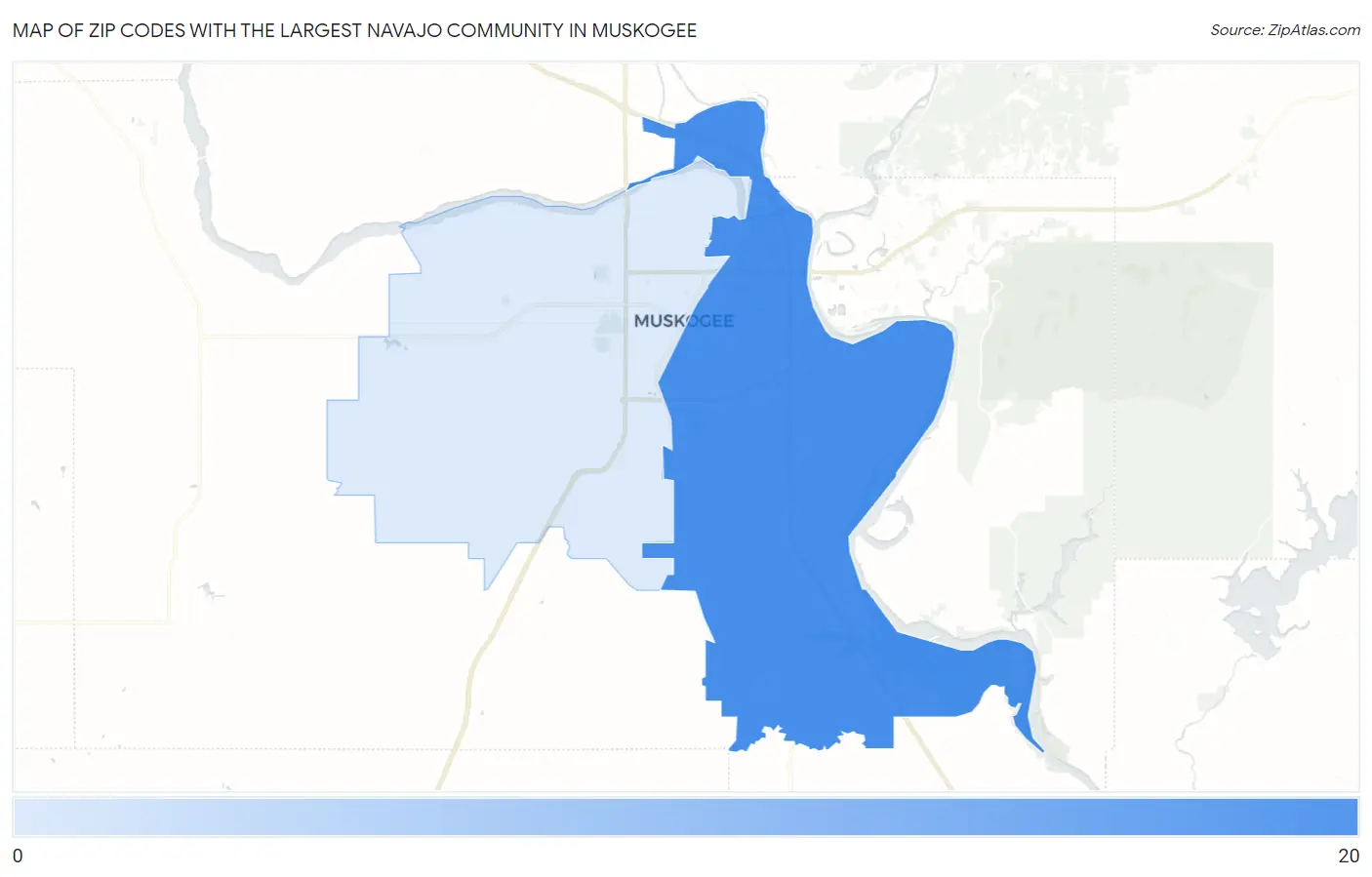 Zip Codes with the Largest Navajo Community in Muskogee Map