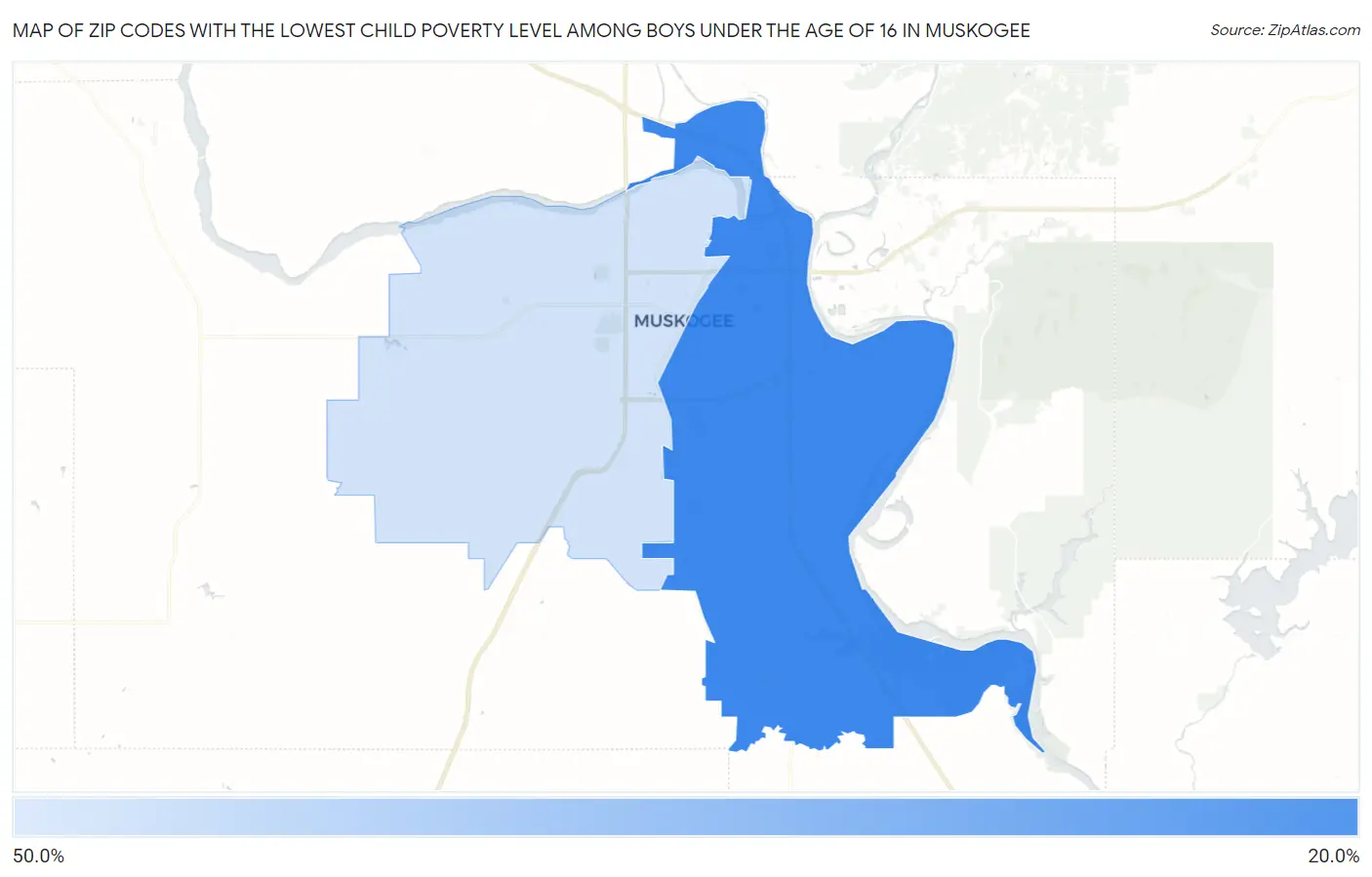 Zip Codes with the Lowest Child Poverty Level Among Boys Under the Age of 16 in Muskogee Map