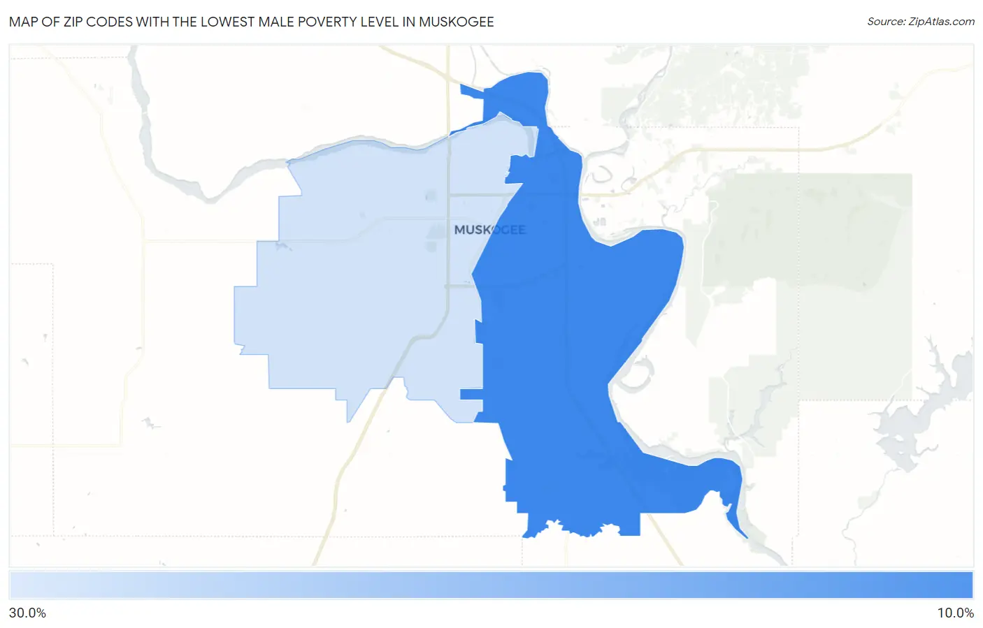 Zip Codes with the Lowest Male Poverty Level in Muskogee Map