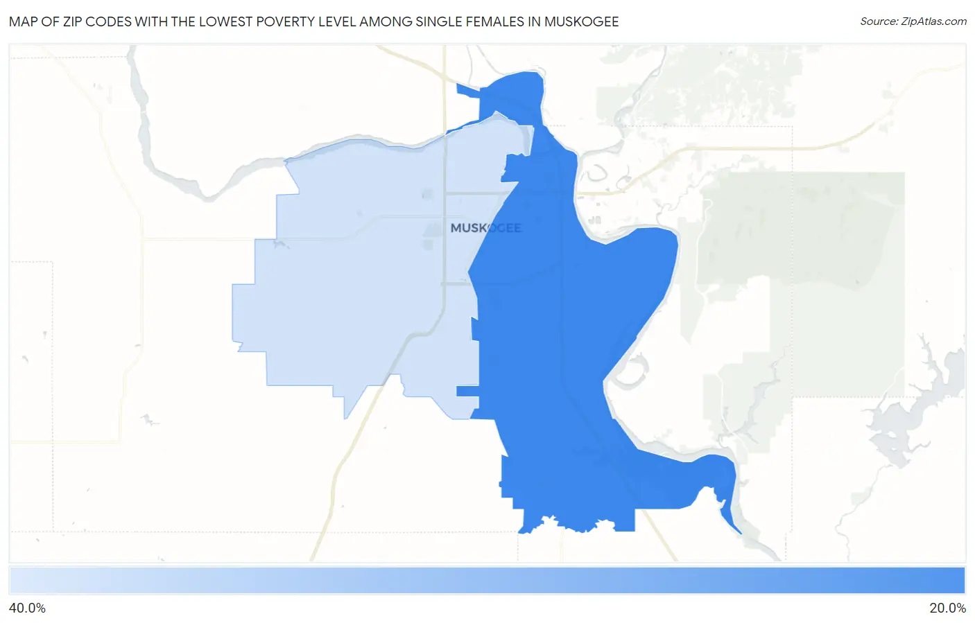 Zip Codes with the Lowest Poverty Level Among Single Females in Muskogee Map