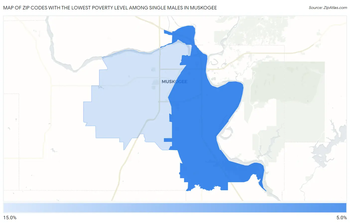 Zip Codes with the Lowest Poverty Level Among Single Males in Muskogee Map