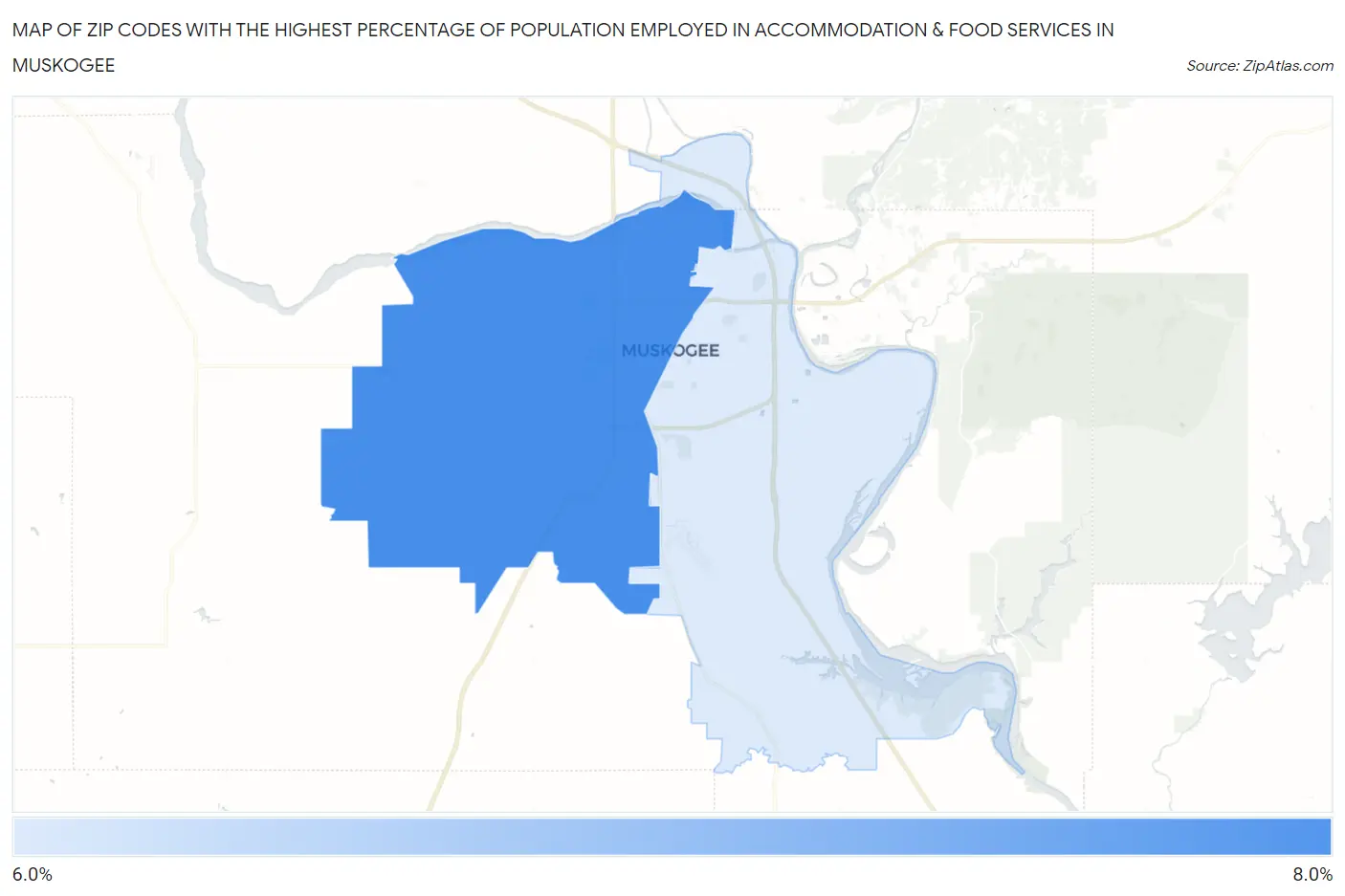 Zip Codes with the Highest Percentage of Population Employed in Accommodation & Food Services in Muskogee Map