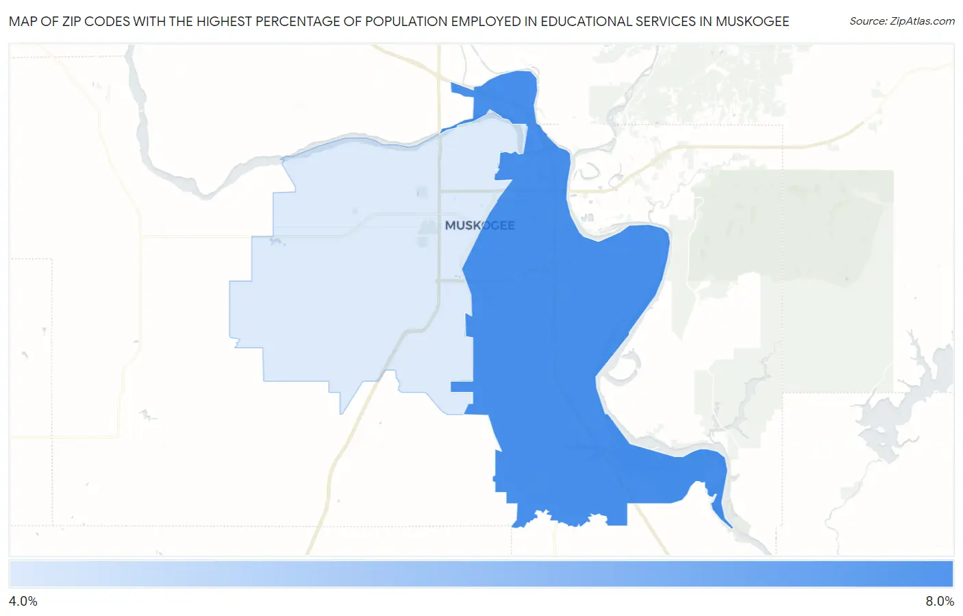 Zip Codes with the Highest Percentage of Population Employed in Educational Services in Muskogee Map