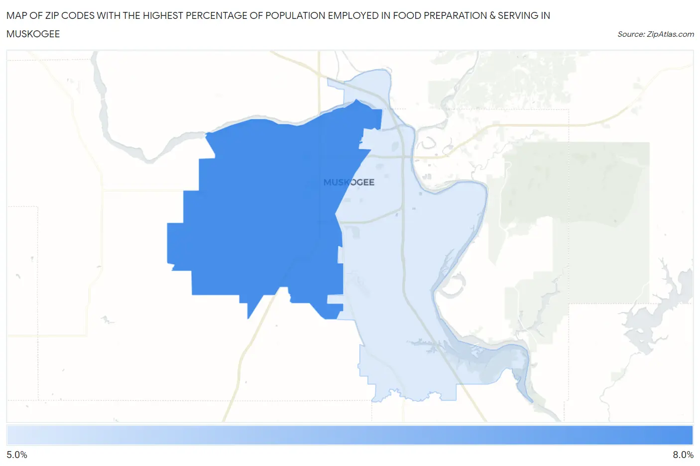 Zip Codes with the Highest Percentage of Population Employed in Food Preparation & Serving in Muskogee Map