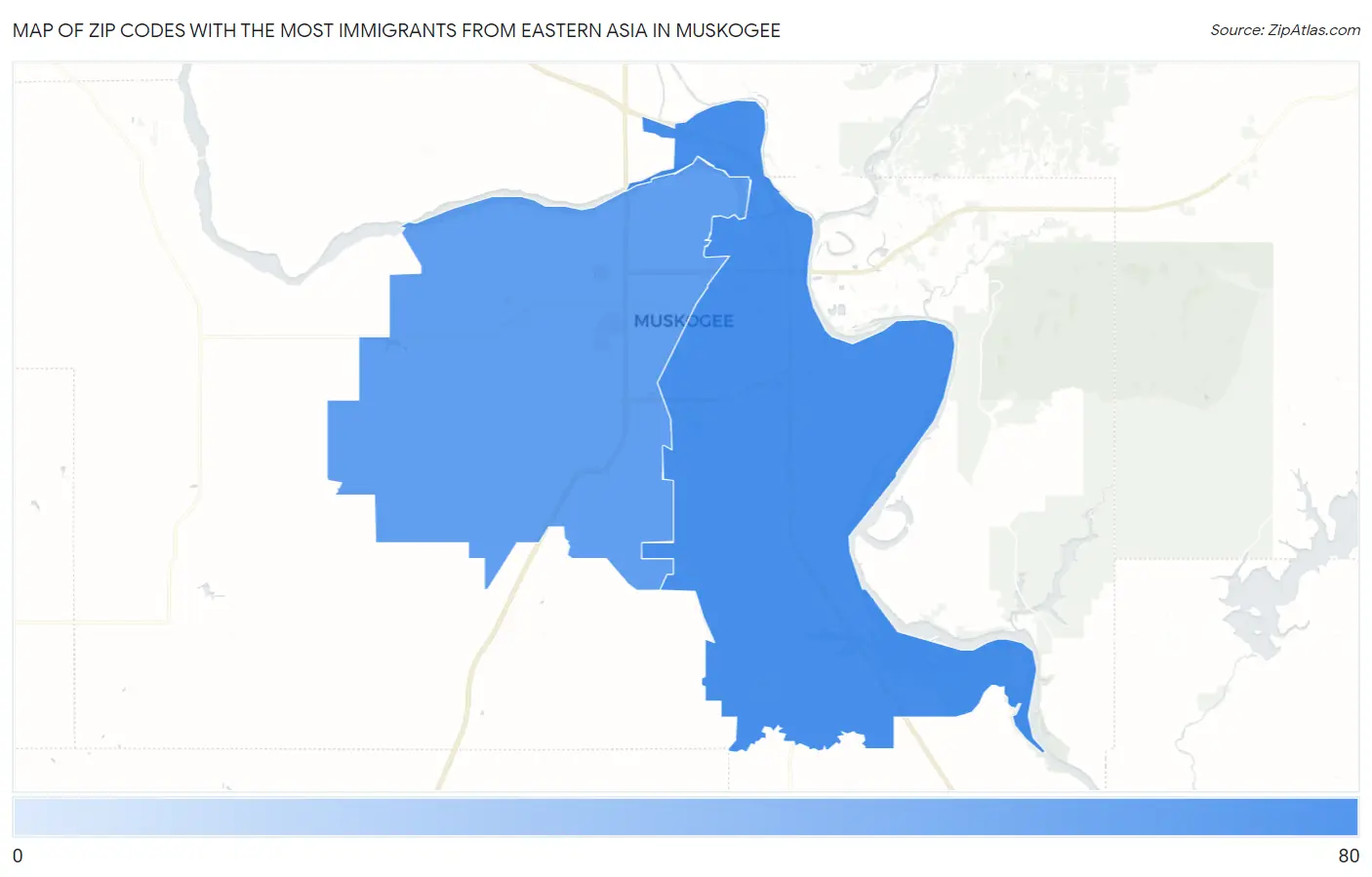 Zip Codes with the Most Immigrants from Eastern Asia in Muskogee Map