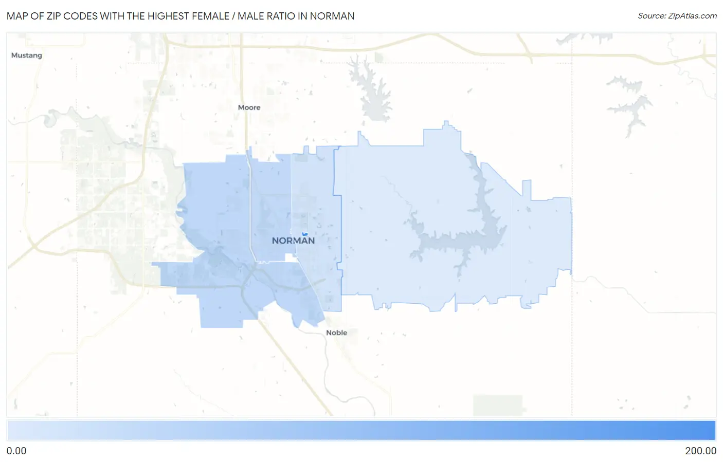 Zip Codes with the Highest Female / Male Ratio in Norman Map